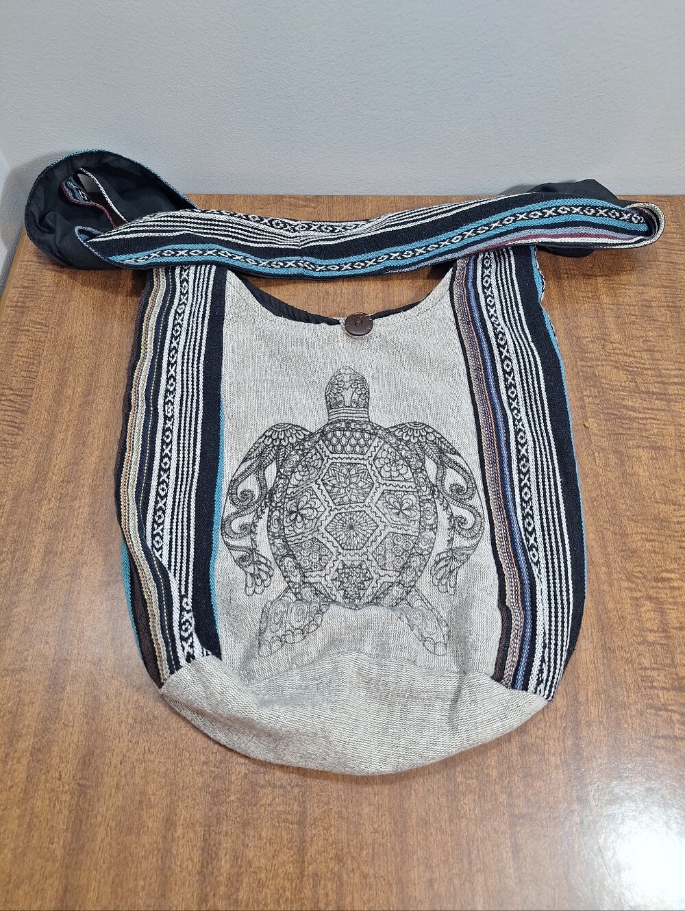 Handmade Cotton Sea Turtle Hobo Crossbody Sling Bag Wide Strap Gray Boho Hippie - Picture 7 of 16
